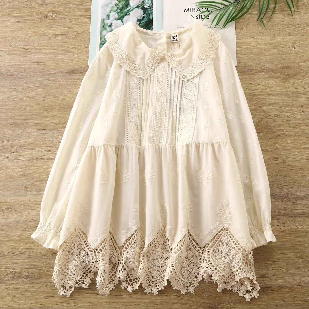 Cute clothes mori girl Japan style peter pan collar lace crochet a-line shirts and blouses for women cotton hollow out shirt