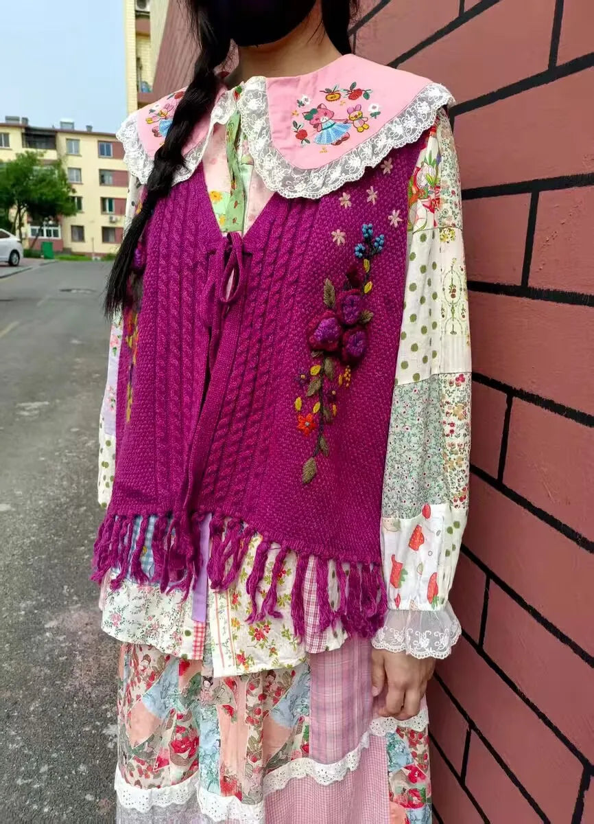Women's Knit Vest Mori Girl Japan Style Kawaii Patch Sleeveless Vest Sweaters V Neck Sleeveless Knitting Cardigan