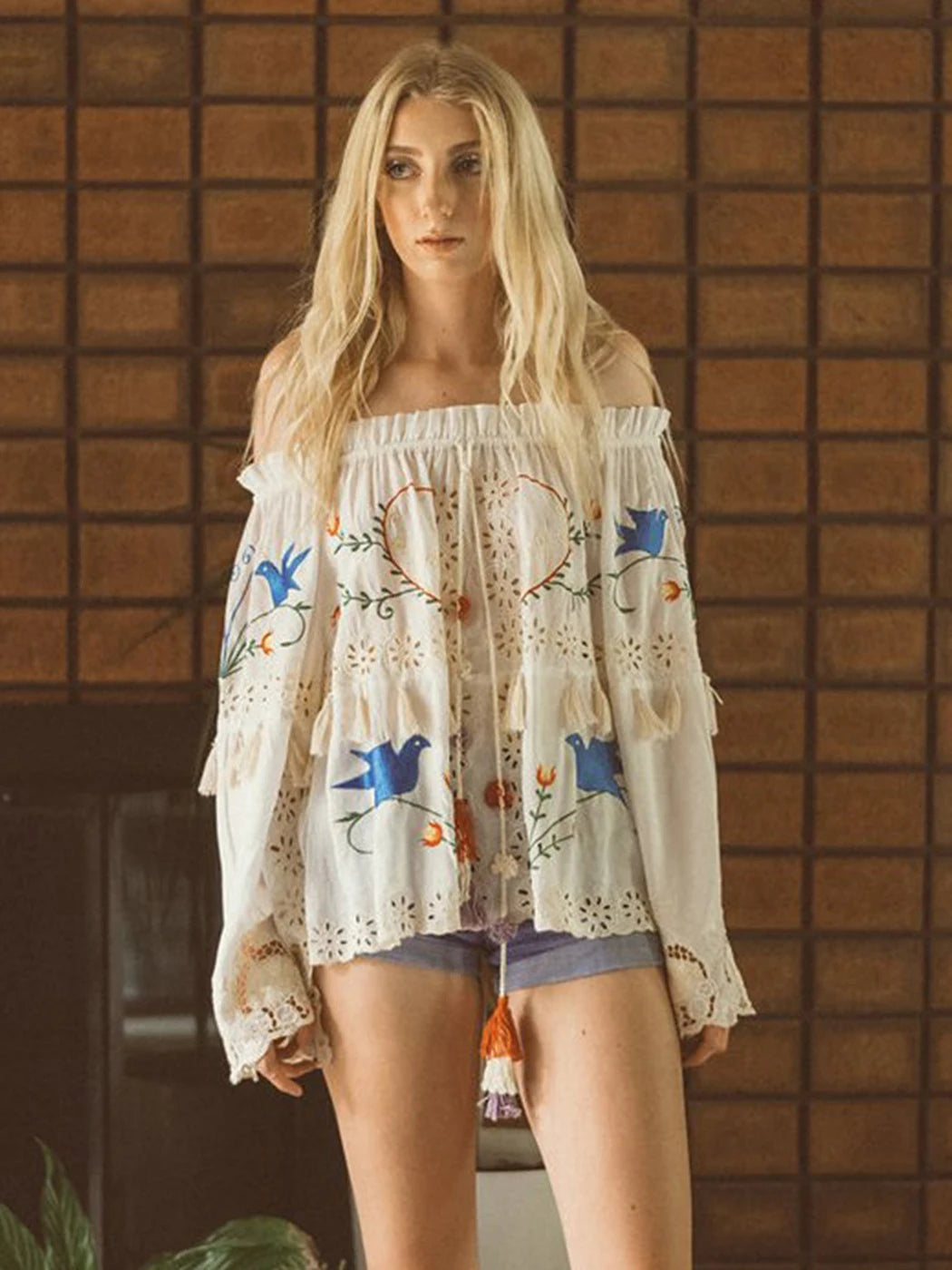 Embroidery Blouse Hollow out Tassel Blouse