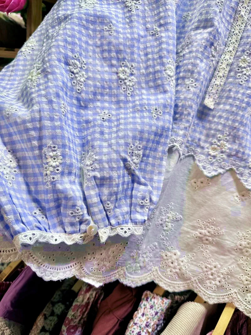 Retro Chic Cotton Linen Plaid Patchwork Eyelet Lace Ruffled Long Sleeve Blouse