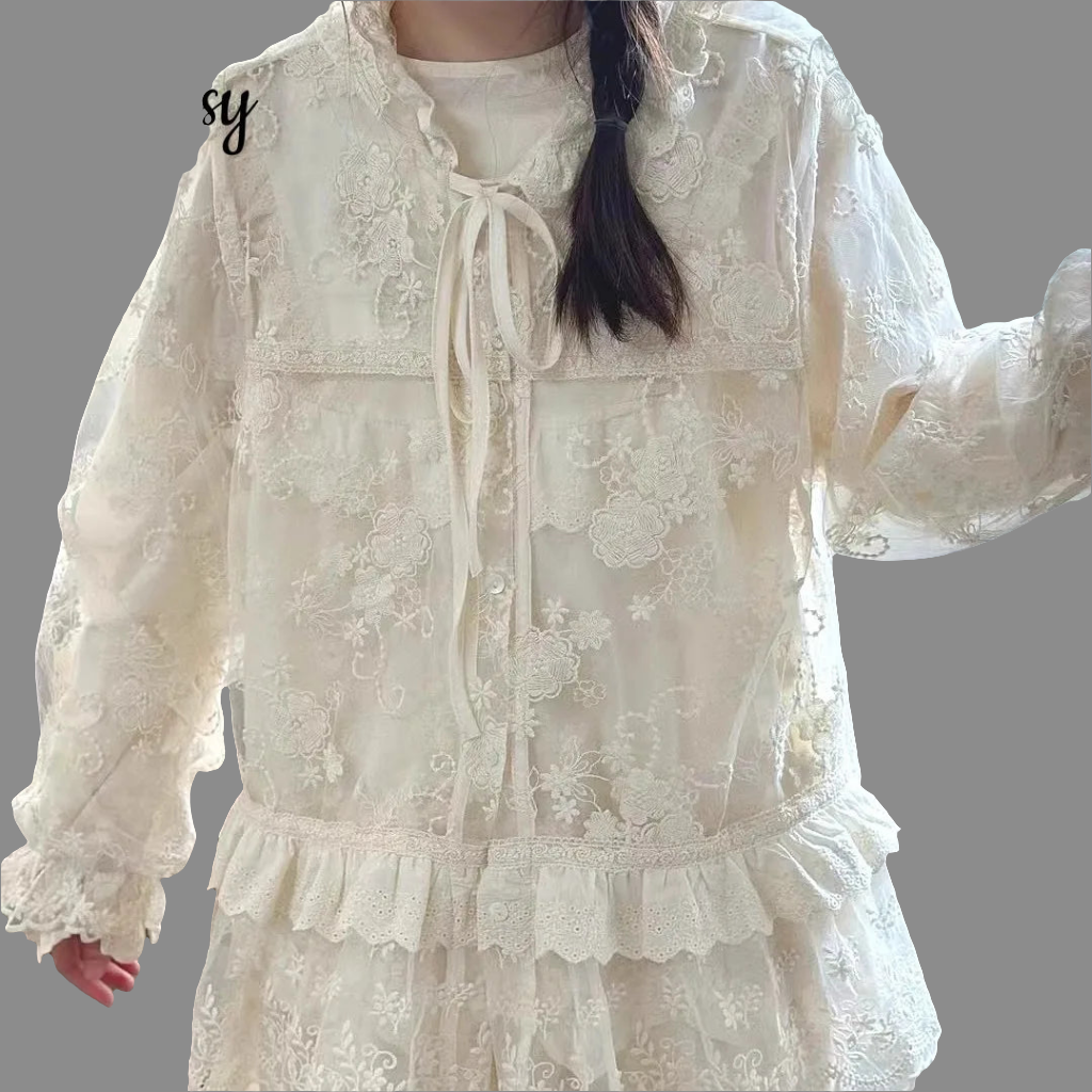 Embroidered Lace Hooded Ruffled Lace-up Jacket