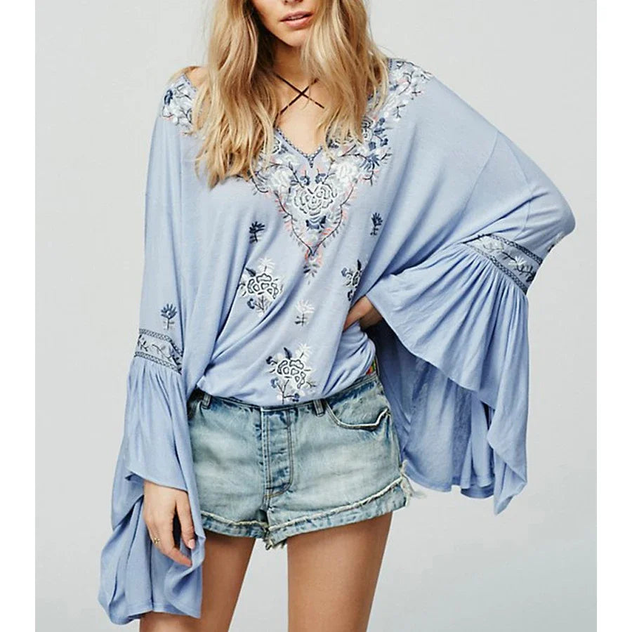Floral Embroidered Flare Long Sleeve V-neck Casual Blouses