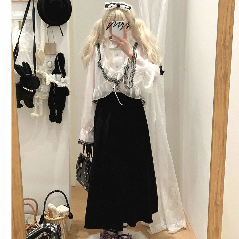 Japanese Sweet Lolita Style Short Cardigan Women Kawaii Lace Reffles Lace-ups Chiffon Coat Korean Fashion Gothic Y2k Crop Tops