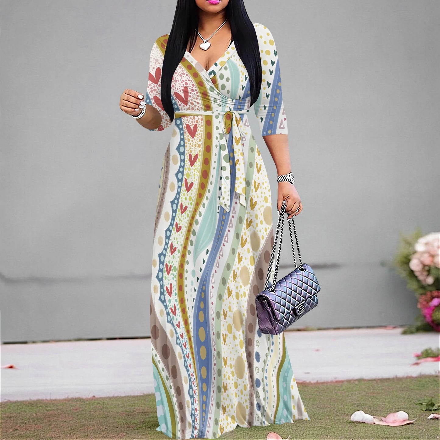 Heart & Dot Print Casual Wrap Maxi Dress