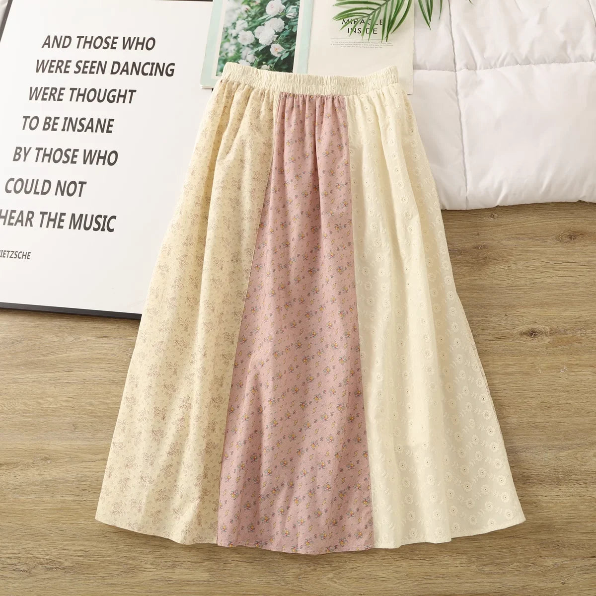 2025 Mori kei fashion elastic waist print patchwork long skirts for women rustic style 100% cotton a-line midi skirts