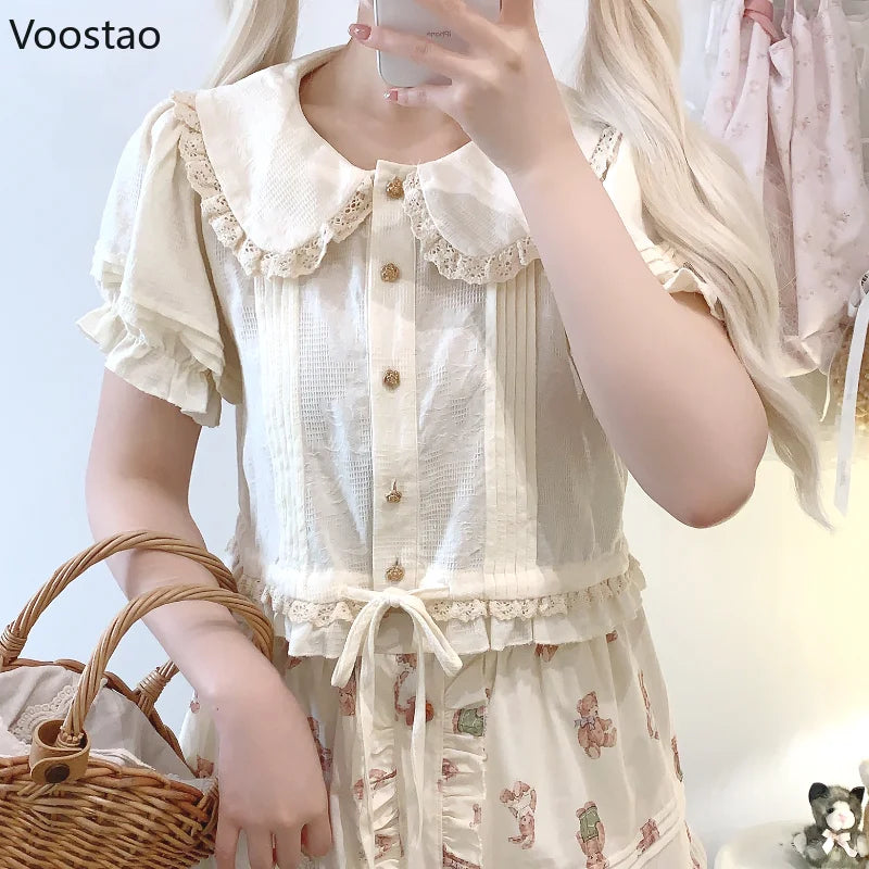 Japanese Kawaii Lolita Cotton Shirt Women Vintage Peter Pan Collar Puff Sleeve JK Blouses Girls Sweet Lace Ruffles Shirt Tops