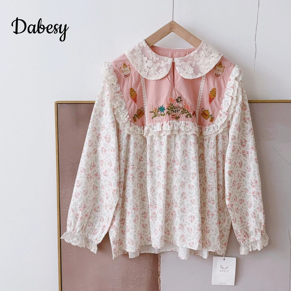 Japanese Patchwork Lolita Blouses Women Vintage Lace Ruffled Peter Pan Collar Kawaii Shirt Sweet Mori Puff Sleeve Blusas Mujer