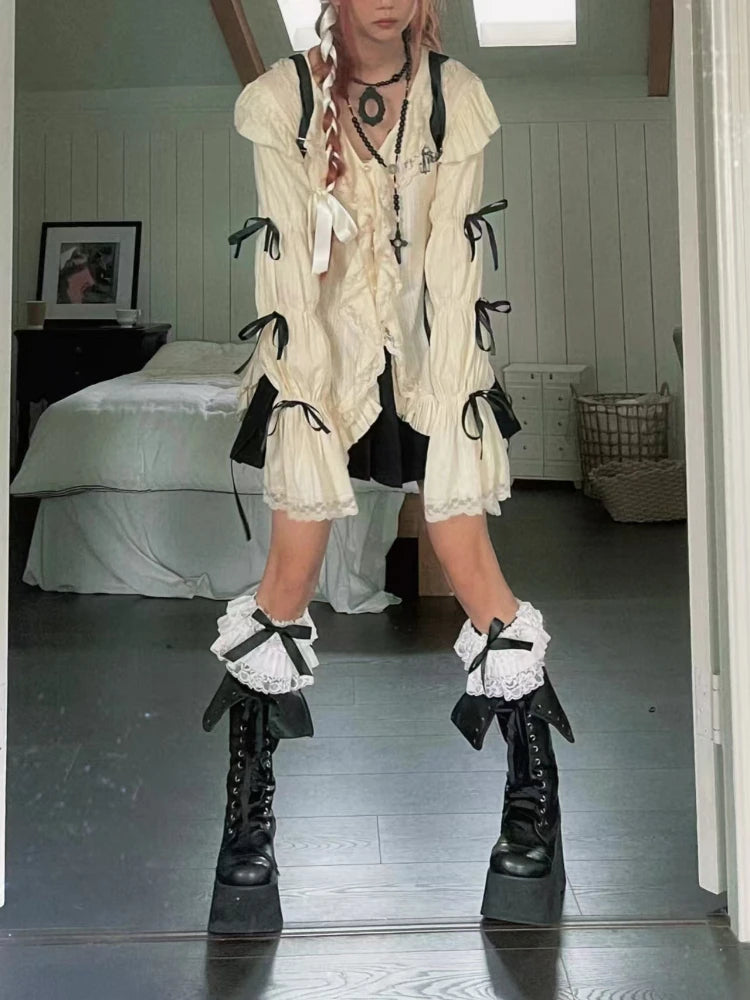 Gothic Harajuku Aesthetic Shirts Women Bandage Blouse Y2k Lolita Sweet Japanese Tops Ruffle Flared Sleeve Irregular Vintage Punk