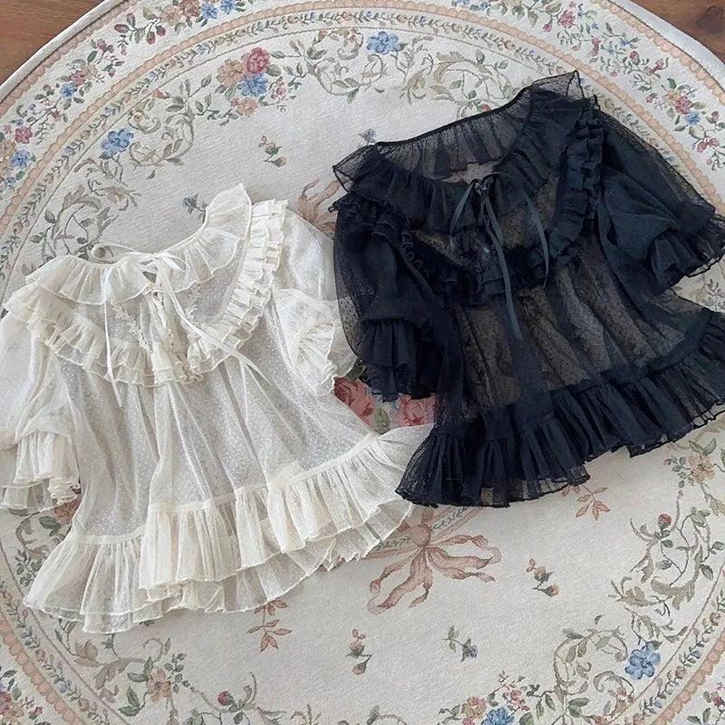 Lolita Sweet Lace Patchwork Women Blouse Japanese Y2K Aesthetic See Through Ruffled Shirt Summer Harajuku Grunge Bandage Blusas