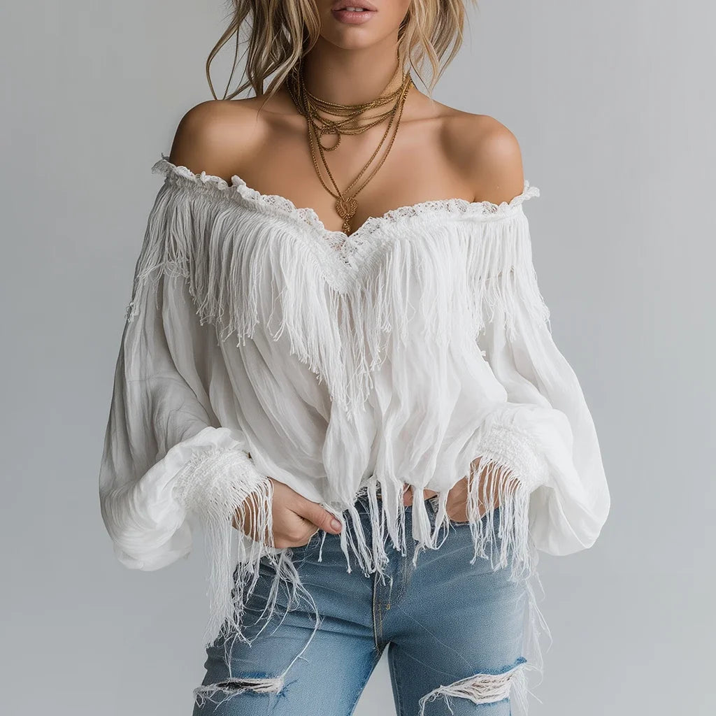 Elegant Off Shoulder Tassel Blouse for Women Blouse