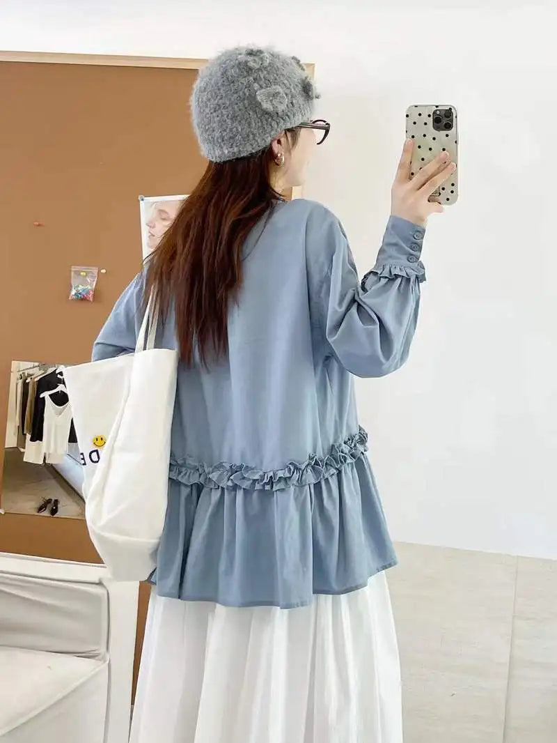 New 2025 Autumn Cotton Long Sleeve Shirt, Women Stand Ruffles Lace-up, Mori Girl French Retro Sweet Loose Doll Blouse T59946CC