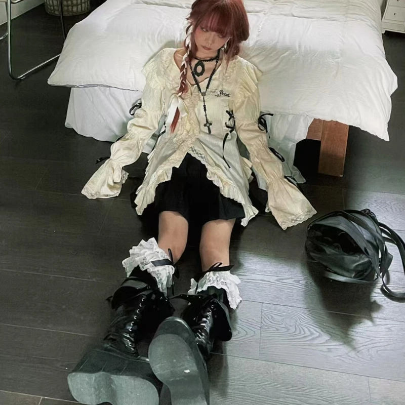 Gothic Harajuku Aesthetic Shirts Women Bandage Blouse Y2k Lolita Sweet Japanese Tops Ruffle Flared Sleeve Irregular Vintage Punk