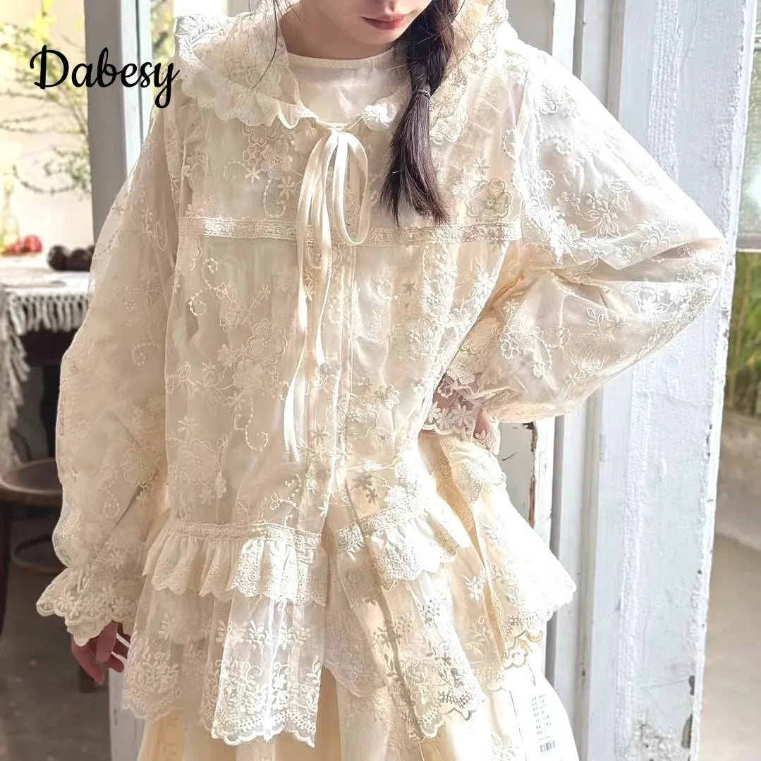 Embroidered Lace Hooded Ruffled Lace-up Jacket