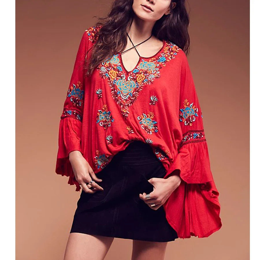 Floral Embroidered Flare Long Sleeve V-neck Casual Blouses