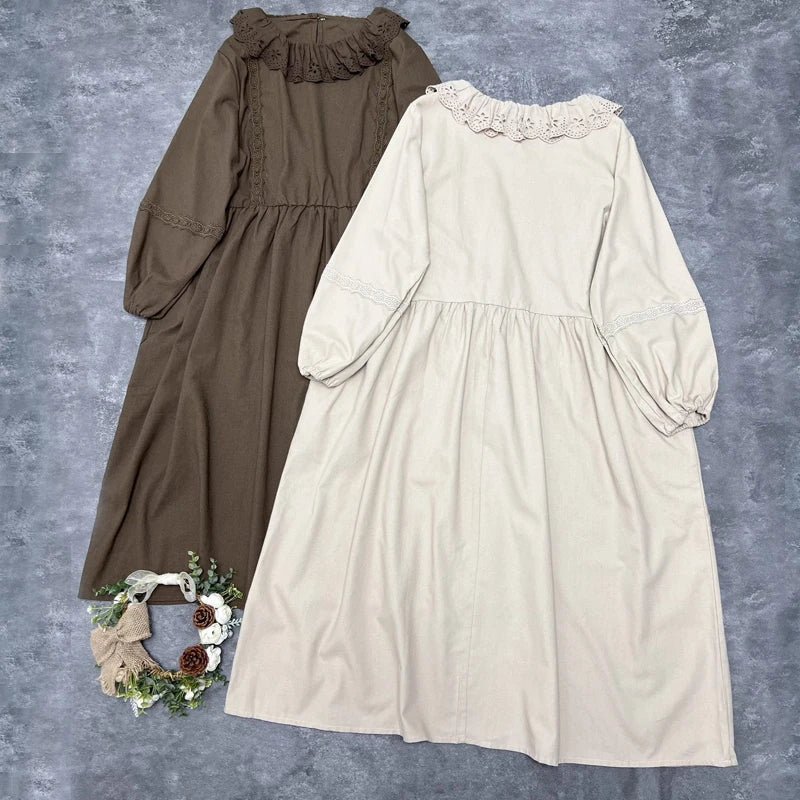 Johnature New Japanese Women Doll Dresses 2025 Autumn New Ruffles Collar Mori Cotton Linen Dress Vintage Casual Loose Dresses