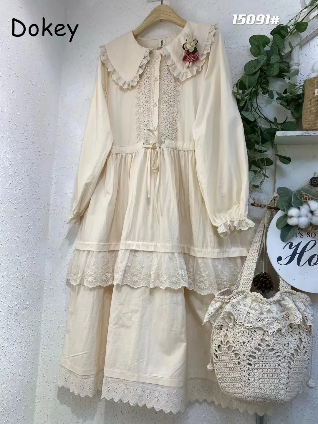 Mori Girl Lace Ruffles Patchwork Dress for Women, Sweet Peter Pan Collar, Kawaii Long Sleeve Dress, Japanese Cotton Linen Loose
