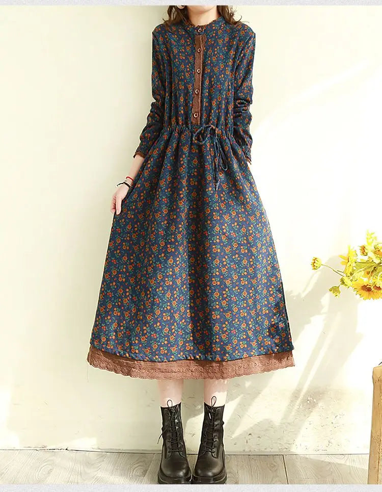 Japanese Mori Girl Art Print Dress Pretty Cotton Linen Spring Women New Floral Dress Loose Long-sleeved Dress Midi Dress