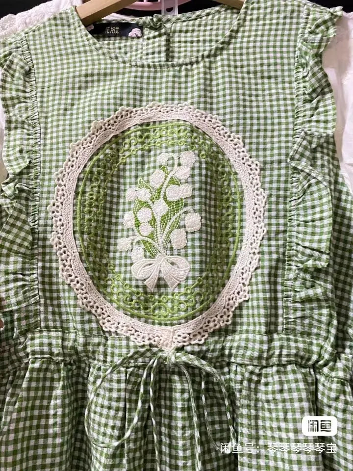 Summer Women Sweet Cotton Ruffled Lace Patchwork Long Midi Dress Vintage Kawaii Japanese Mori Girl Harajuku Green Dress