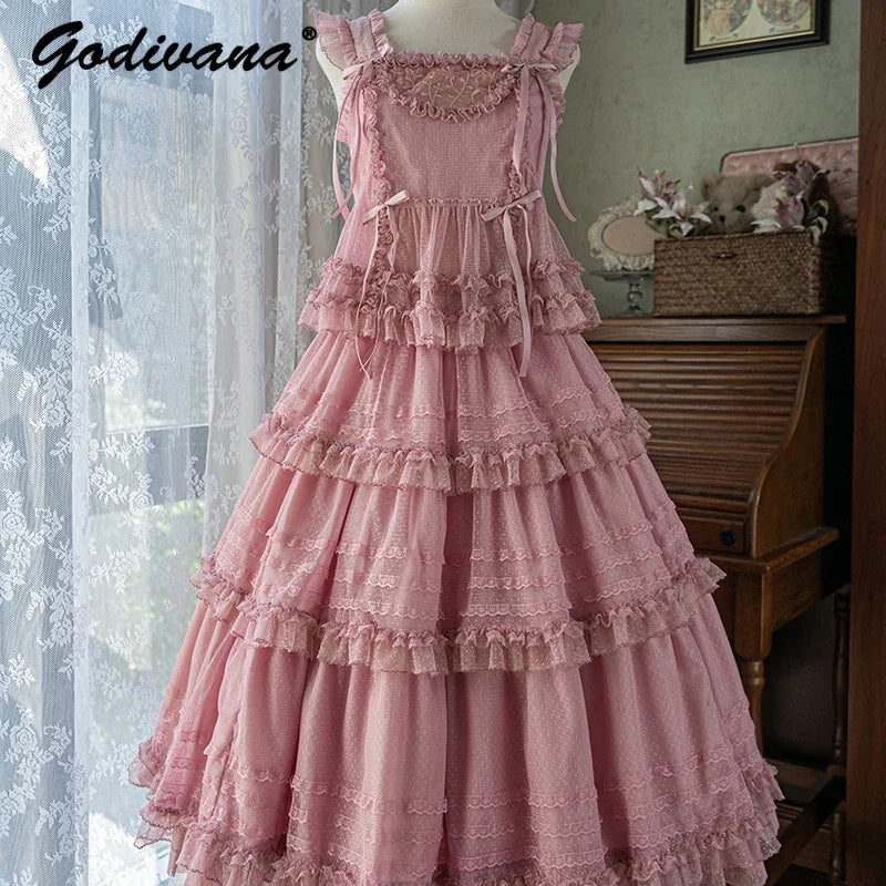 Pink Polka Dot Mesh Lace Multi-layer Long Dress