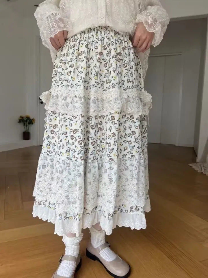 Japanese Sweet Lace Ruffled Mori Girl Pleated Skirt Vintage Cotton Linen Floral Long Skirts Female Elastic Waist Beach Faldas
