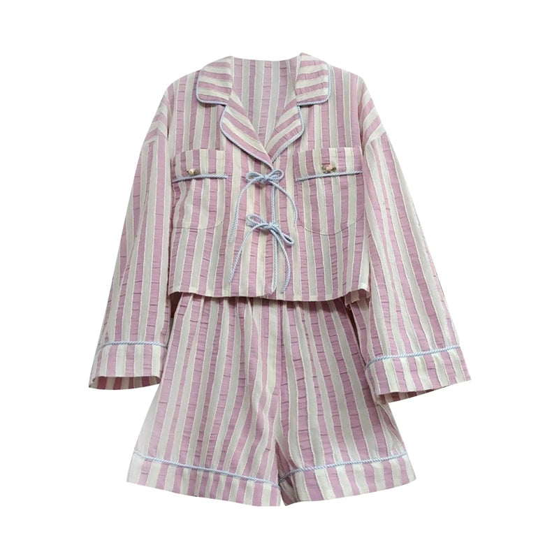 2 Piece Vintage Oufits Indie Graphic Print Front Tie Up Bowknot Full Sleeve Blouse T-shirt + Shorts Fairy Cottage Y2K Streetwear