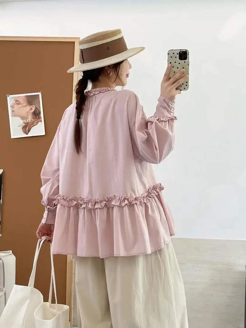 New 2025 Autumn Cotton Long Sleeve Shirt, Women Stand Ruffles Lace-up, Mori Girl French Retro Sweet Loose Doll Blouse T59946CC