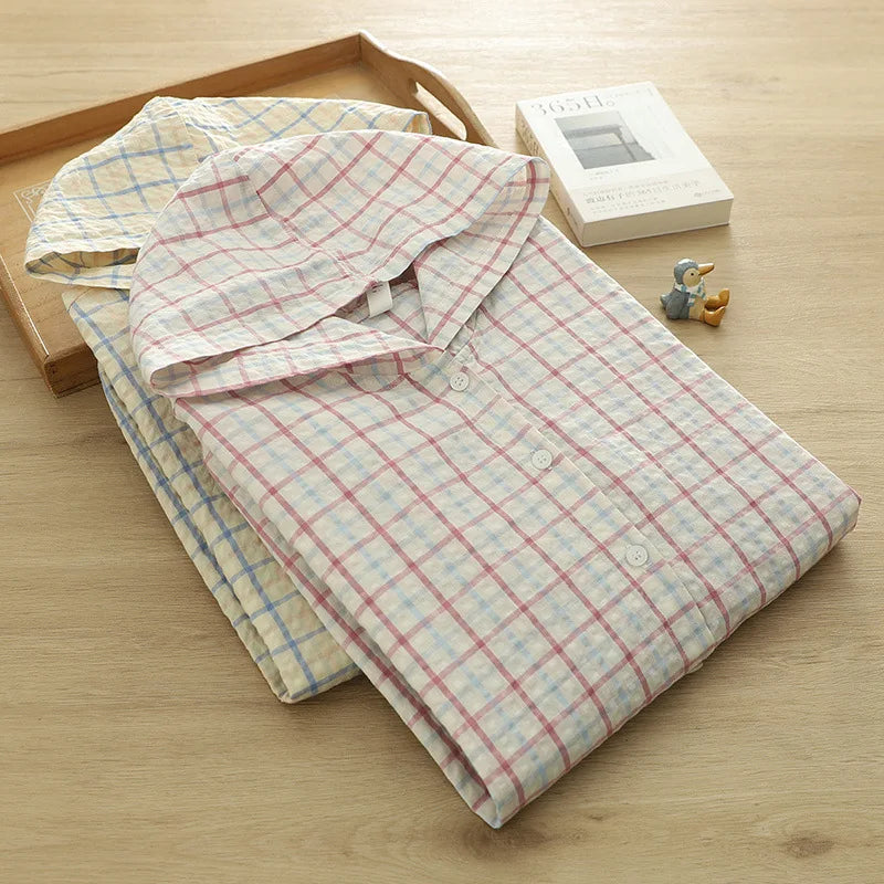 New 2025 Autumn Bubble Cotton Hooded Shirt, Women Long Sleeve Plaid, Mori Girl Casual Versatile Sunscreen Loose Blouse T57448CC