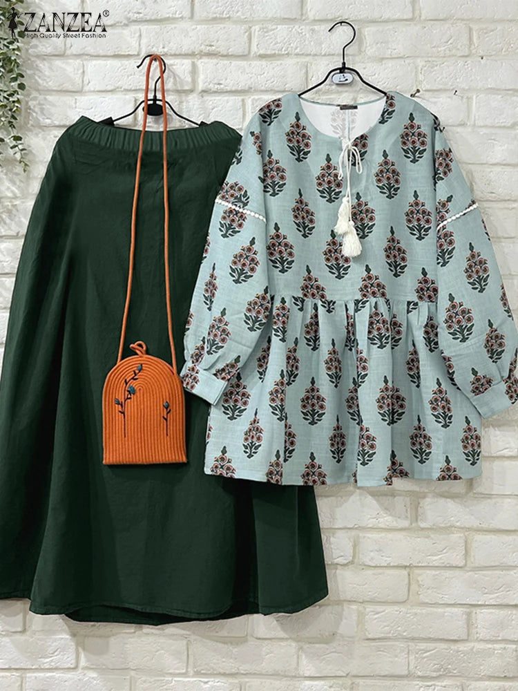 ZANZEA 2025 Autumn Long Dress Sets Women Tassel Blouse Skirts Fashion Long Sleeve Suits Casual Loose Printed Matching Sets