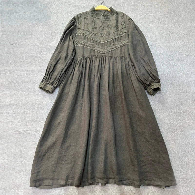Johnature Japanese Mori Women Linen Embroidered Dress 2025 Autumn New Vintage French Puff Sleeves Lace Collar Autumn Long Dress