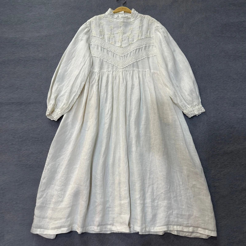 Johnature Japanese Mori Women Linen Embroidered Dress 2025 Autumn New Vintage French Puff Sleeves Lace Collar Autumn Long Dress