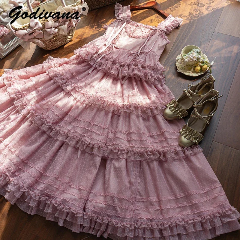 Pink Polka Dot Mesh Lace Multi-layer Long Dress