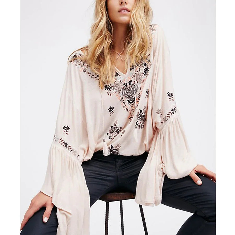 Floral Embroidered Flare Long Sleeve V-neck Casual Blouses