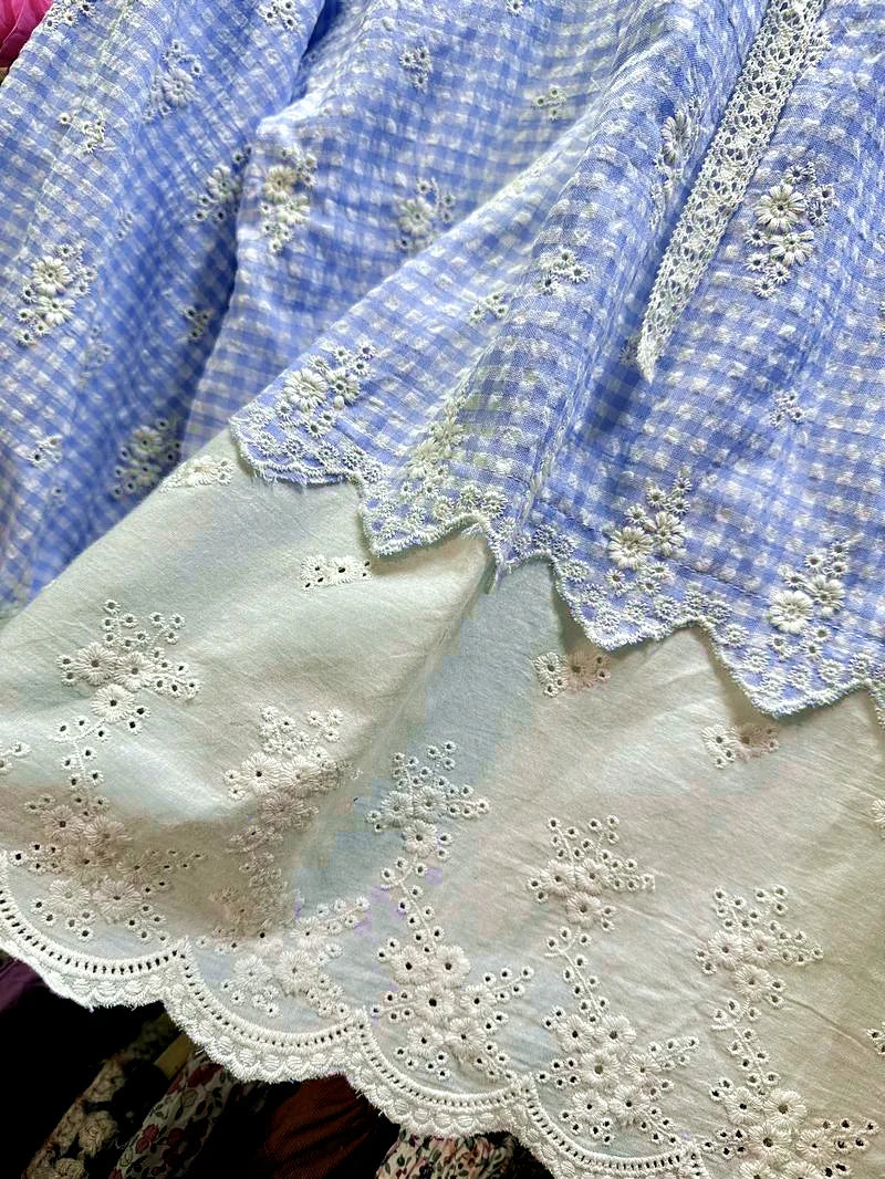 Retro Chic Cotton Linen Plaid Patchwork Eyelet Lace Ruffled Long Sleeve Blouse