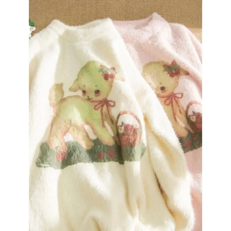 Mori cute sheep mink sweater women 2024 new round neck long-sleeved Japanese soft lazy loose knit sweater thickening