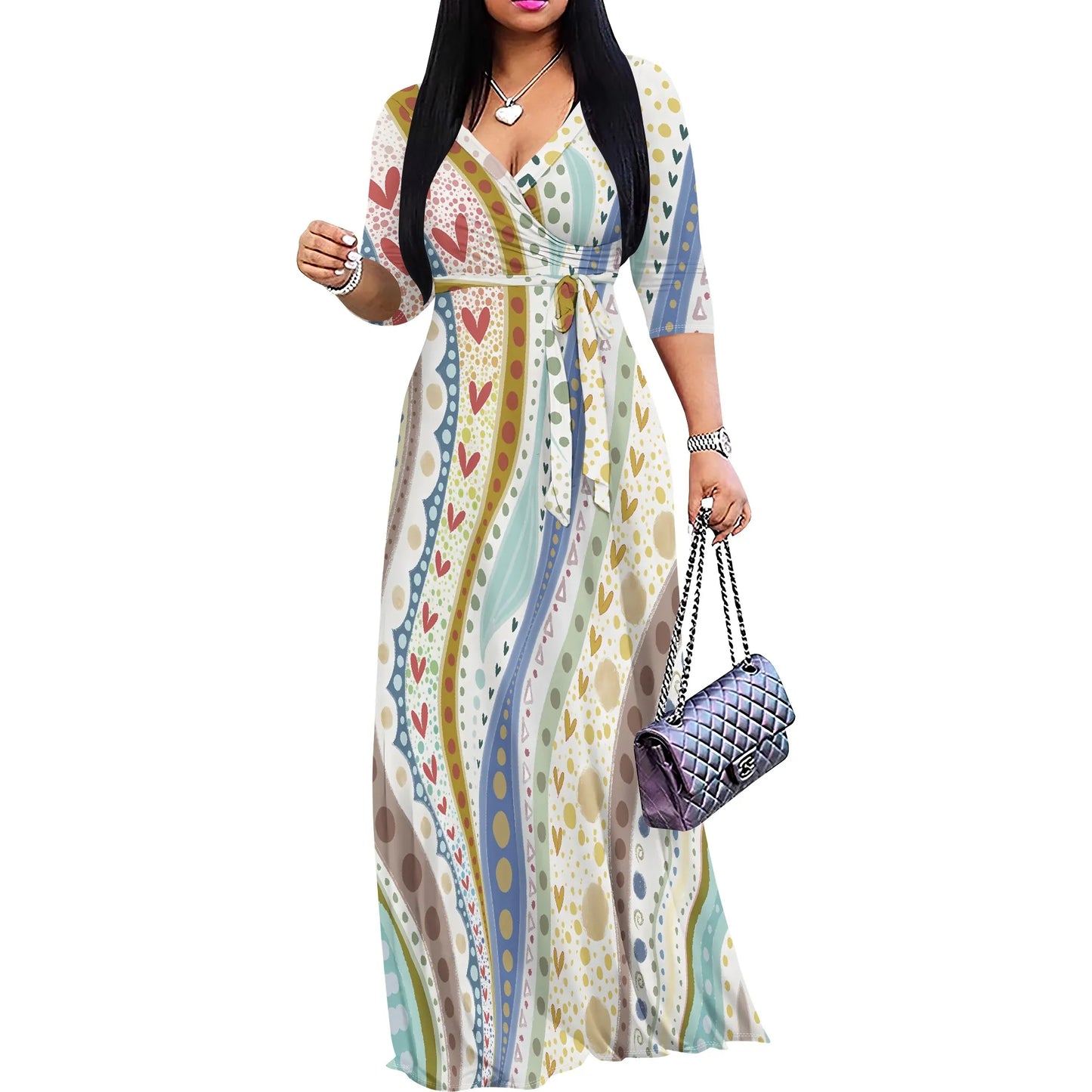 Heart & Dot Print Casual Wrap Maxi Dress