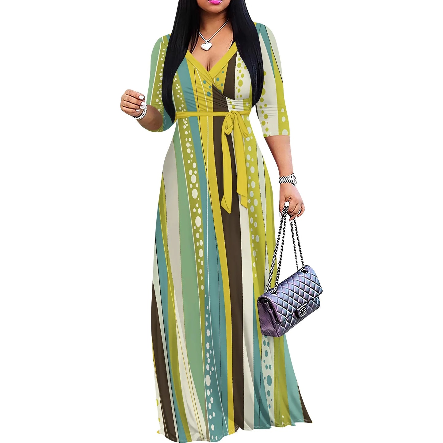 Heart & Dot Print Casual Wrap Maxi Dress