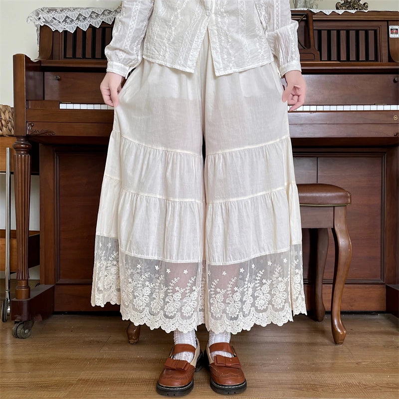 Lace Embroidery Cotton Wide Leg Pants