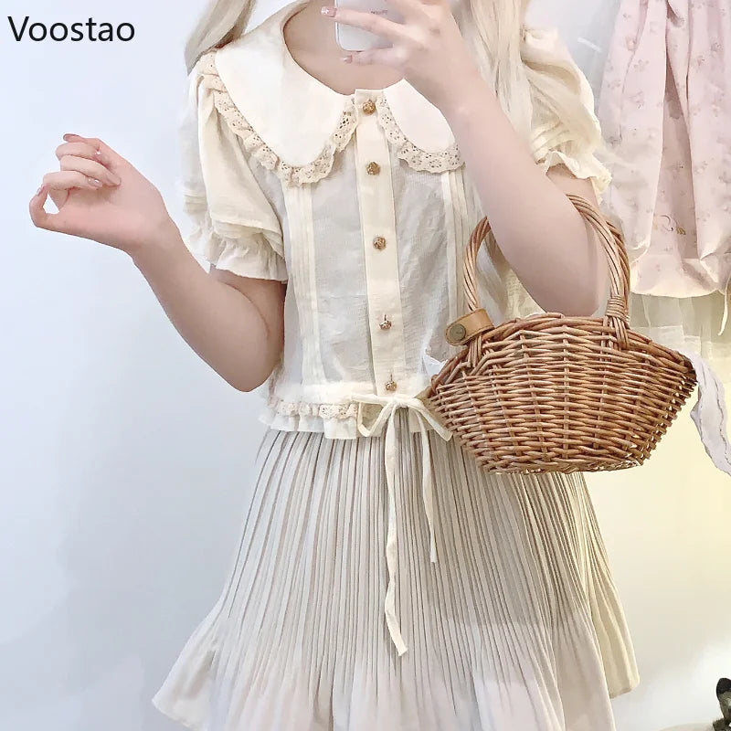 Japanese Kawaii Lolita Cotton Shirt Women Vintage Peter Pan Collar Puff Sleeve JK Blouses Girls Sweet Lace Ruffles Shirt Tops