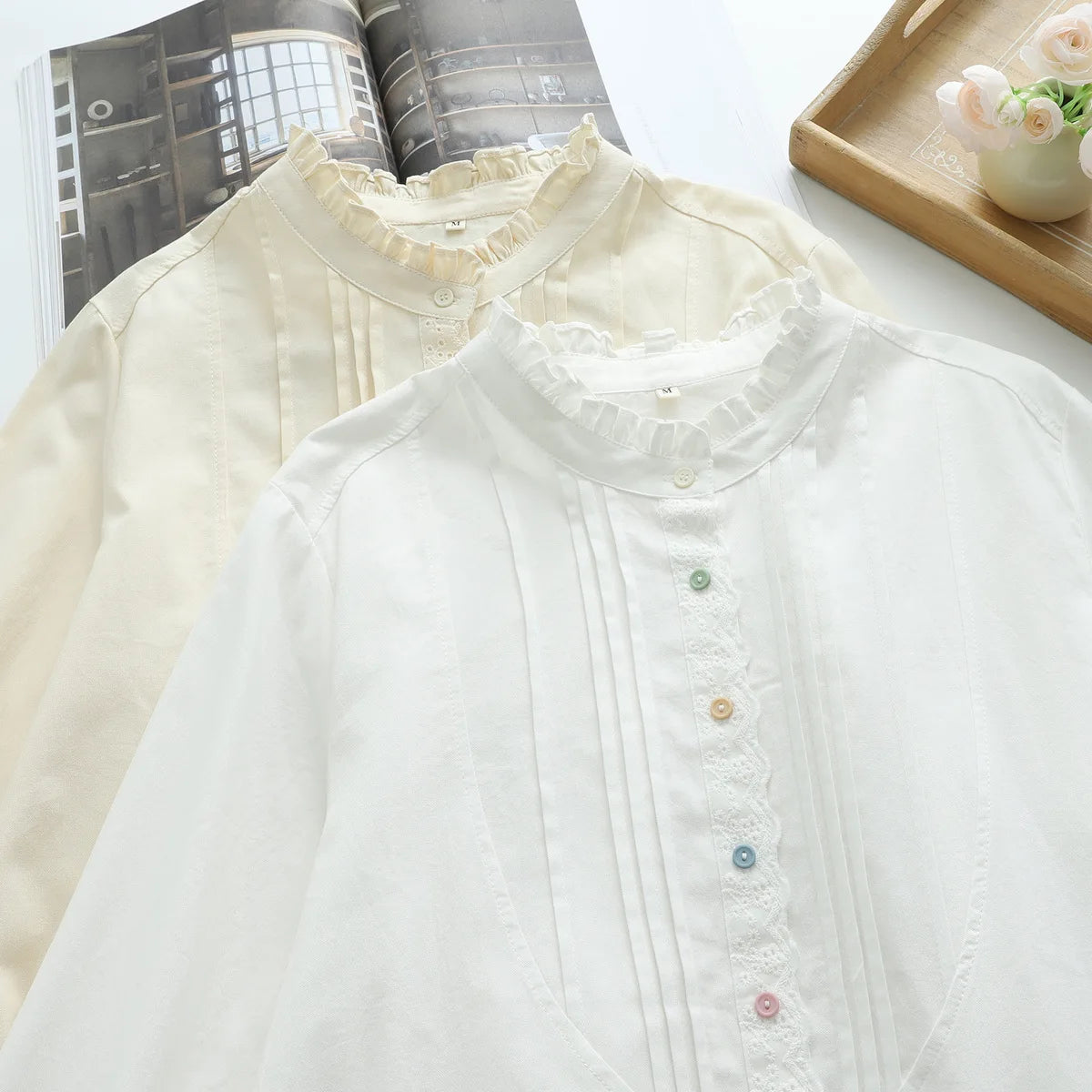 New 2025 Autumn Cotton Long Sleeve Shirt, Women Stand Ruffles Patchwork, Mori Girl Folds Temperament Chic Loose Blouse T59125CC