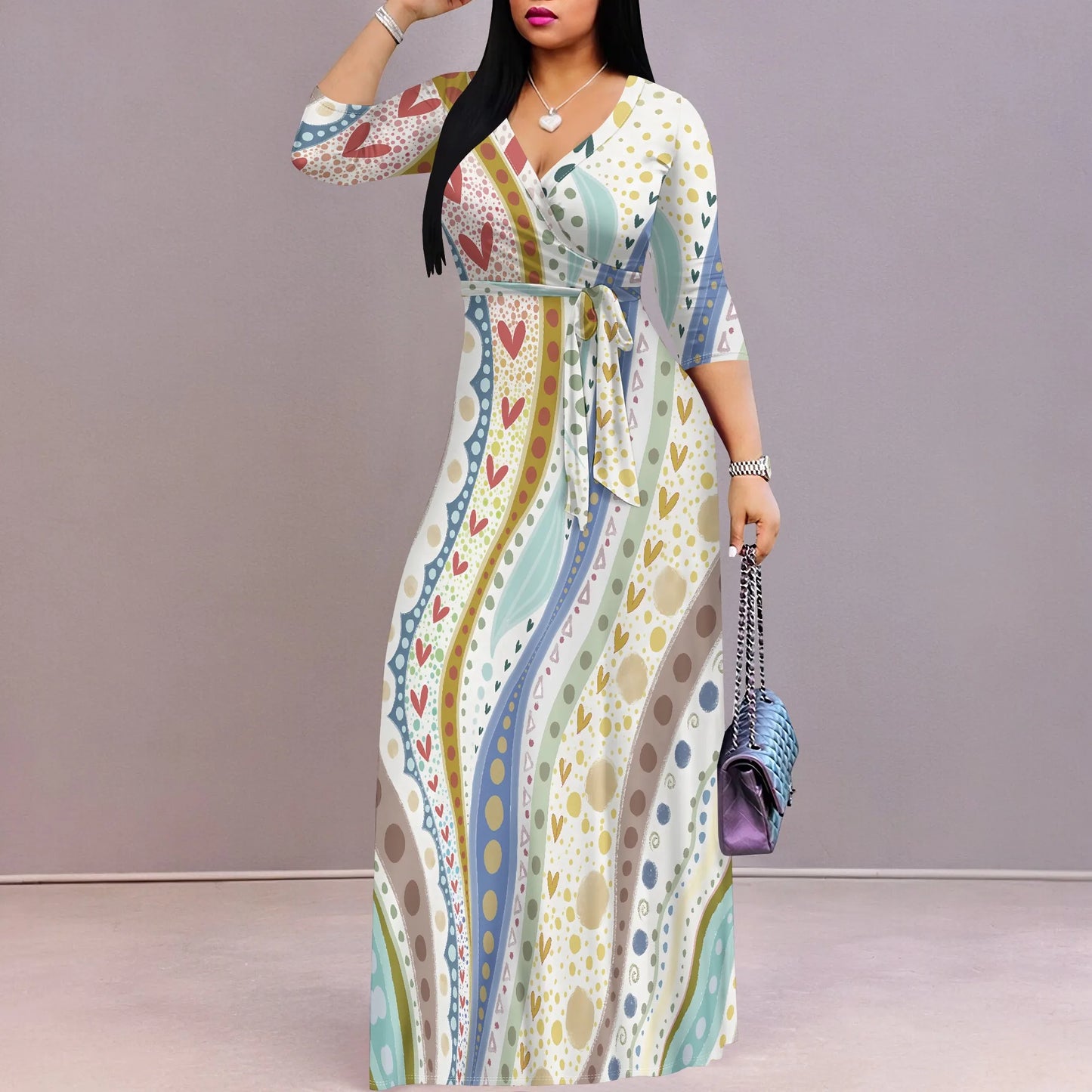 Heart & Dot Print Casual Wrap Maxi Dress