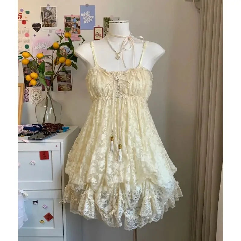 2000s Gothic Vintage Mini Dress Women Sleeveless Strap Party Dress Evening Lace Retro Cltohing Japanese Y2k Black Chic Lolita
