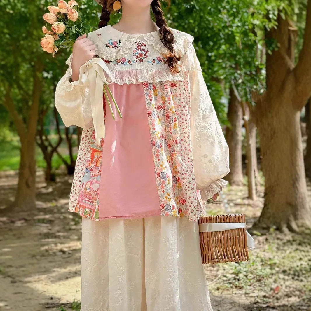 Vintage Embroidery Lace Ruffles Patchwork Shirt Women