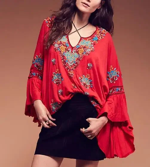 Floral Embroidered Flare Long Sleeve V-neck Casual Blouses