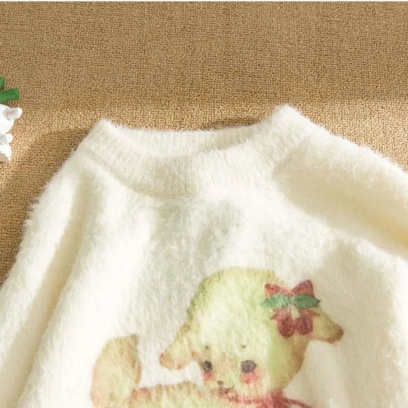 Mori cute sheep mink sweater women 2024 new round neck long-sleeved Japanese soft lazy loose knit sweater thickening