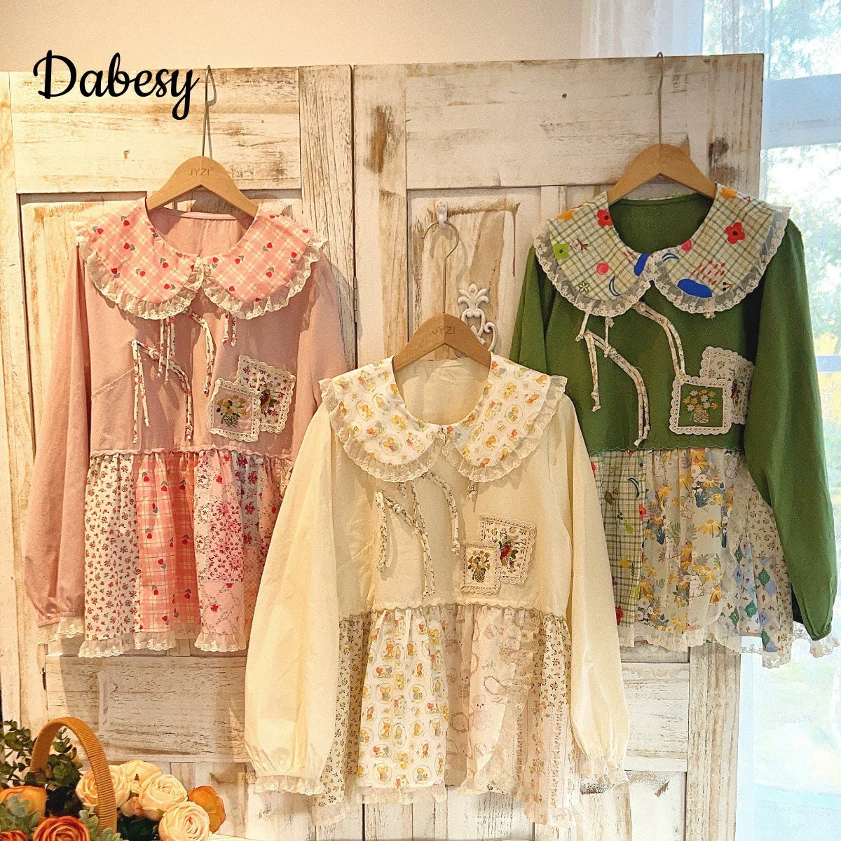 Patchwork Green Cotton Linen Lace Ruffle Doll Collar Top