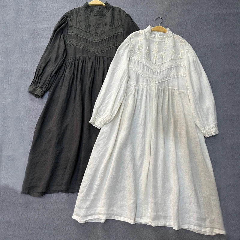Johnature Japanese Mori Women Linen Embroidered Dress 2025 Autumn New Vintage French Puff Sleeves Lace Collar Autumn Long Dress