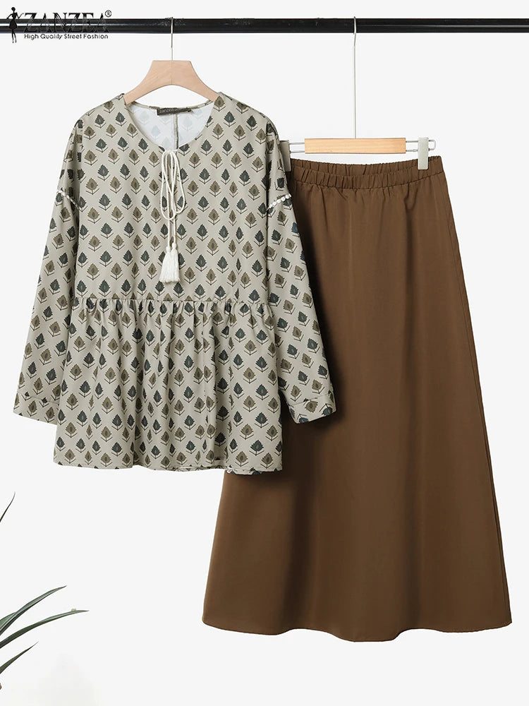 ZANZEA 2025 Autumn Long Dress Sets Women Tassel Blouse Skirts Fashion Long Sleeve Suits Casual Loose Printed Matching Sets