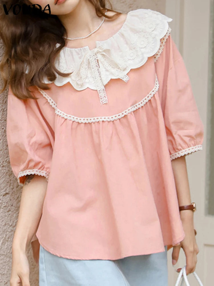 Patchwork Tops Women Elegant Lace Shirts 2025 VONDA Bohemian Half Lantern Sleeve Blouse Casual O-Neck Blusas Oversized Tunic