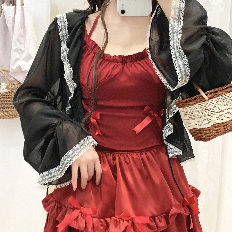 Japanese Sweet Lolita Style Short Cardigan Women Kawaii Lace Reffles Lace-ups Chiffon Coat Korean Fashion Gothic Y2k Crop Tops