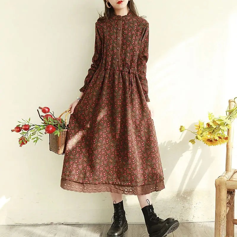 Japanese Mori Girl Art Print Dress Pretty Cotton Linen Spring Women New Floral Dress Loose Long-sleeved Dress Midi Dress